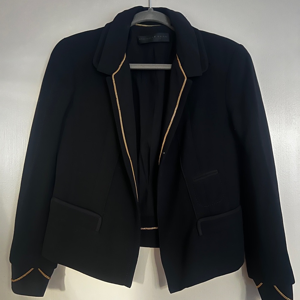 Donna Karan Black Wool Blazer with Gold chain Accents US 4